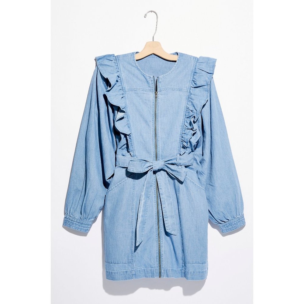 Free People Denim Blue Ruffle Mini Dress